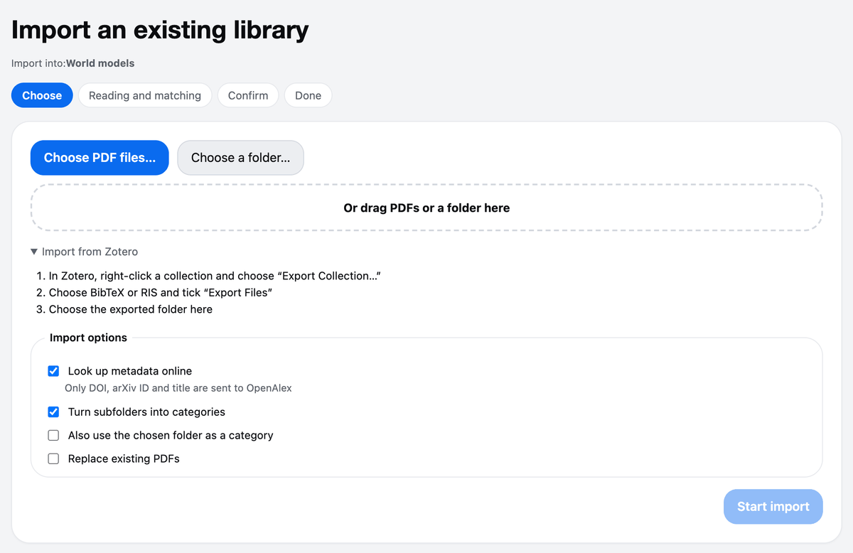 The import screen with PDF files, folders, BibTeX, RIS and CSL JSON.