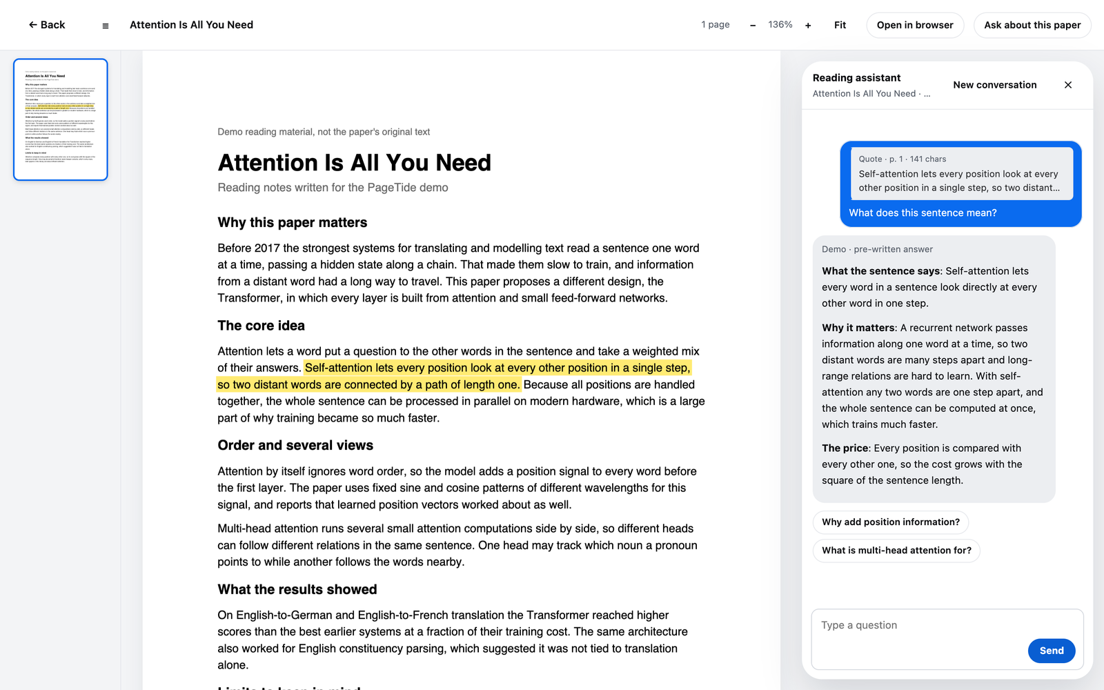 The PDF reader with a highlighted sentence and an answer to a follow-up question beside the page.