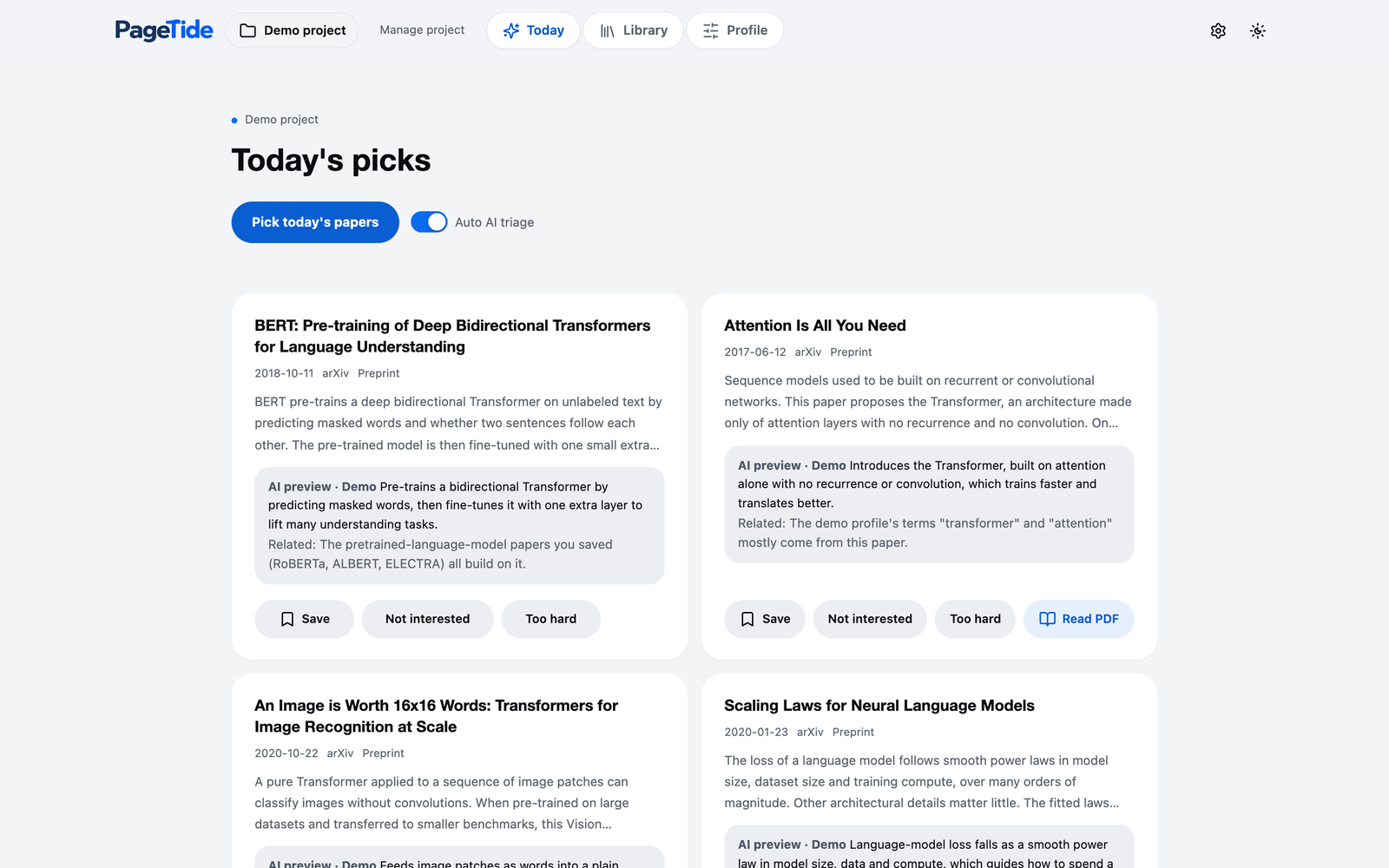 The Today screen: a ranked list of new papers, each with a one-line AI preview and Save, Not interested and Too hard buttons.